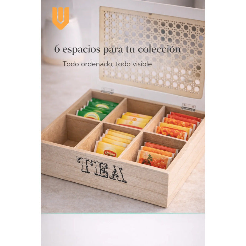 Vitrineon Organizador Te Madera Bambu Cocina Decoracion Chic Tono Madera Oscura Natural Acabado Elegante Estilo Nordico Moderno Decorativo Vetas Visibles Premium Cocina Hogar Estetica Calida