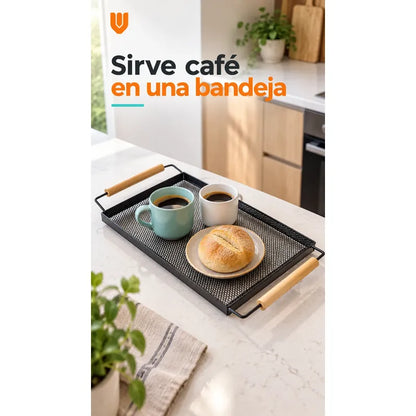 Bandeja Rectangular Metal Negro Asas Madera Desayuno 44cm Negro Bandeja Rectangular Malla Metal Asas Madera Base Calada Borde Elevado Servicio Desayuno Once Café Cocina Comedor 44cm-color Negro