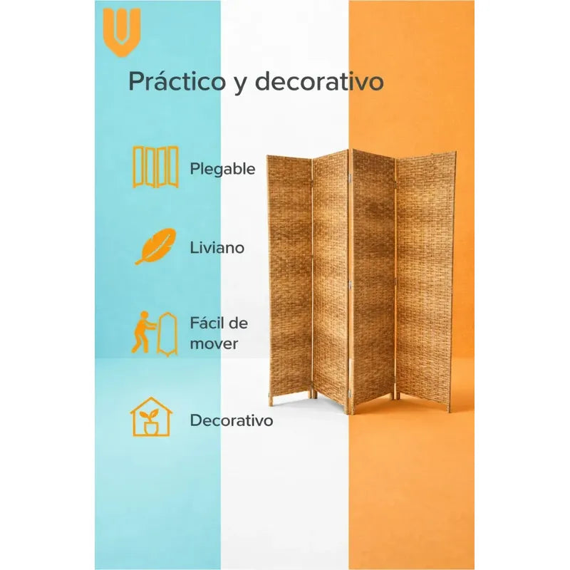 Biombo Divisor Ambientes Oficina Separador 4 Puertas 180 Cm Marron Claro Ratan Natural Tono Madera Beige Calido Decorativo Neutro Elegante Moderno Hogar Oficina Estilo Nordico Geometrico Ratan...