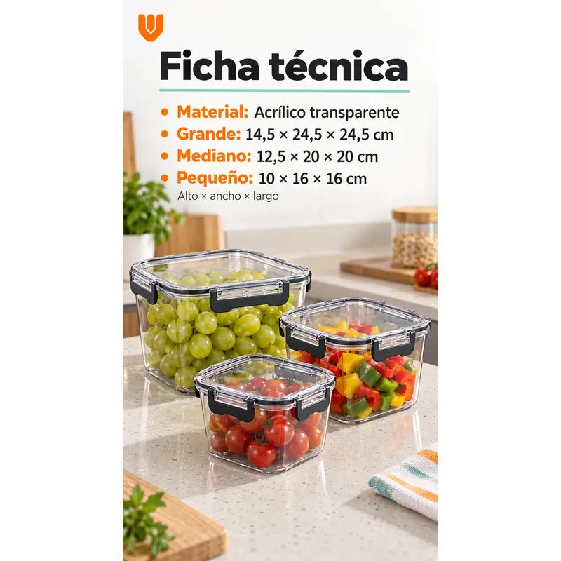 Set 3 Tupers Tapa Hermeticos Taper Contenedores Acrílico Transparente Tupers Rectangulares Potes Acrílico Transparentes Tapas Alimentos Cierres Laterales Cocina Despensa Hogar