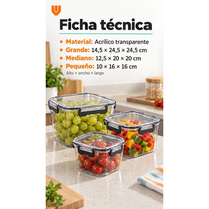 Set 3 Tupers Tapa Hermeticos Taper Contenedores Acrílico Transparente Tupers Rectangulares Potes Acrílico Transparentes Tapas Alimentos Cierres Laterales Cocina Despensa Hogar