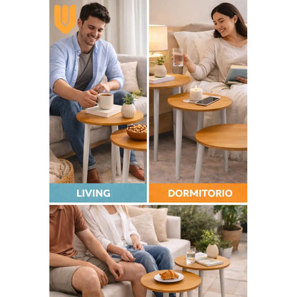 Set 3 Mesas Centro Redondas Bambu Diametro 40cm Altura 57cm Bambú