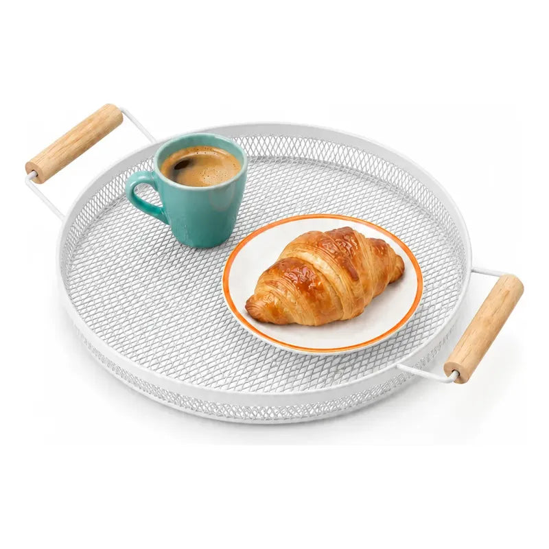 Bandeja Circular Metal Blanco Asas Madera Desayuno 28cm Blanco Bandeja Circular Redonda Malla Metal Asas Madera Base Calada Borde Bajo Servicio Desayuno Once Café Té Cocina 28cm