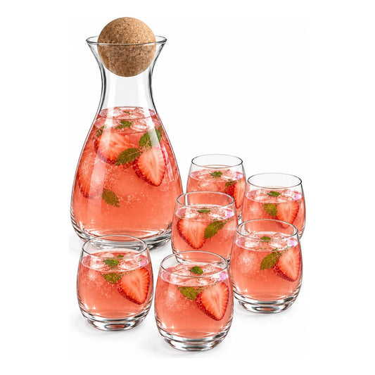 Jarra Vidrio 1800ml Jugo Tapa Corcho 6 Vasos 400 Ml Transparente Jarra Agua Jugo Vidrio Transparente Vasos Curvos Set 1800 Ml 400 Ml Tapón Bola Corcho Cocina Comedor 1800ml