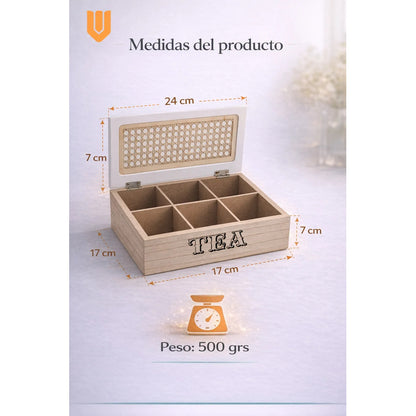 Caja Te Madera 6 Compartimentos Tapa Tejida Bambu Cocina Tono Madera Oscura Natural Acabado Elegante Estilo Nordico Moderno Decorativo Vetas Visibles Premium Cocina Hogar Estetica Calida