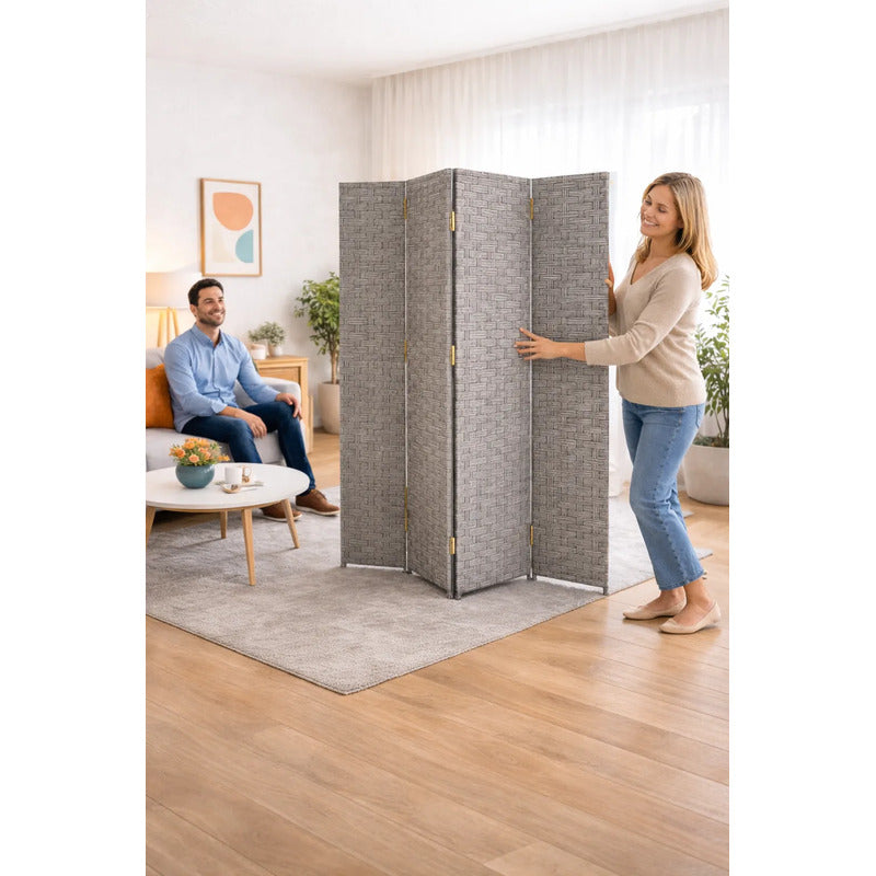 Biombo Divisor Oficina Ambientes Separador 4 Puertas 180 Cm Gris Claro Biombo Divisor Ambientes 4 Paneles 180 Cm Separador Oficina Hogar Plegable Geometrico Gris Claro Ratan Geometrico Ratan...