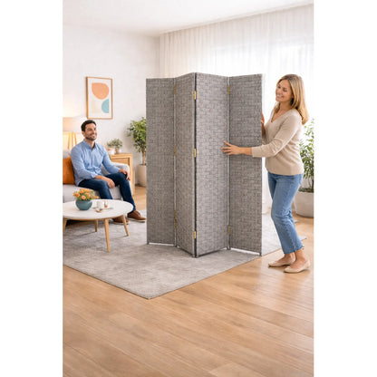 Biombo Divisor Oficina Ambientes Separador 4 Puertas 180 Cm Gris Claro Biombo Divisor Ambientes 4 Paneles 180 Cm Separador Oficina Hogar Plegable Geometrico Gris Claro Ratan Geometrico Ratan...