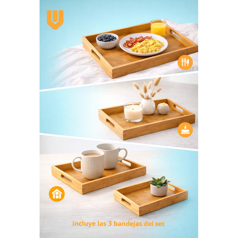 Bandejas Bambú Set 3 Rectangulares Cocina Servir Comida