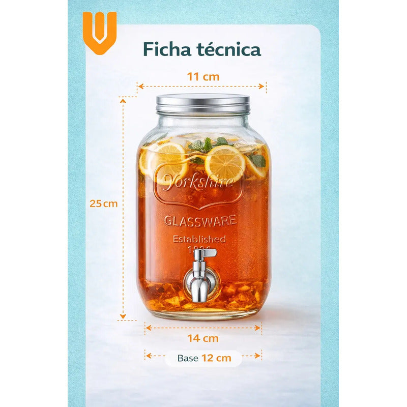 Dispensador Bebidas Vidrio 5 Litros Frasco Grueso Grifo Meta Transparante