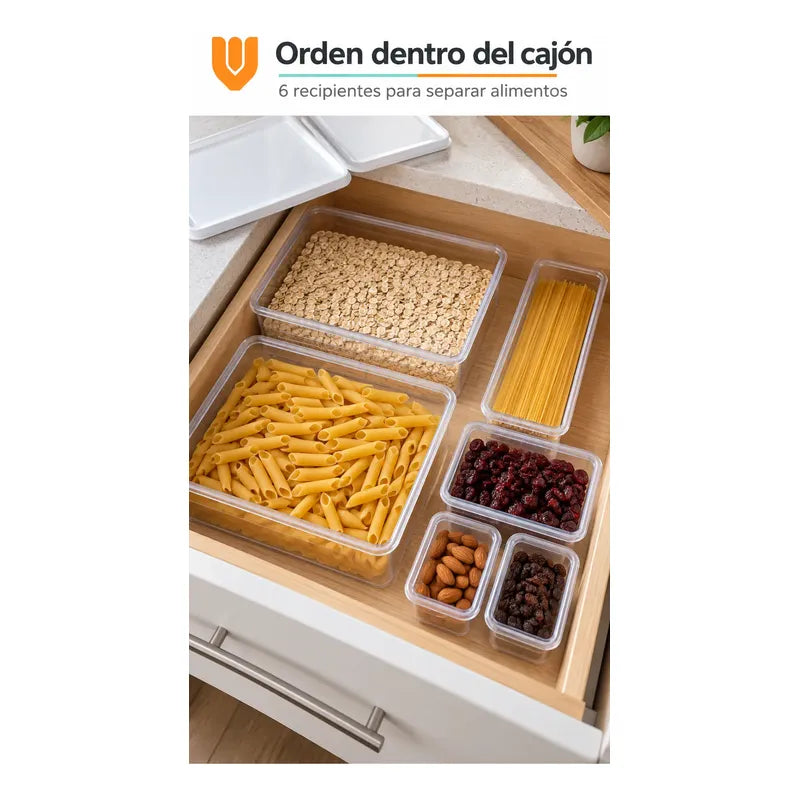 Set 6 Taper Organizadores Hermetico Tapa Conserveros Tupper Transparente Organizadores Alimentos Refrigerador Cocina Despensa Acrílico Transparente Tapas Blancas Rectangulares