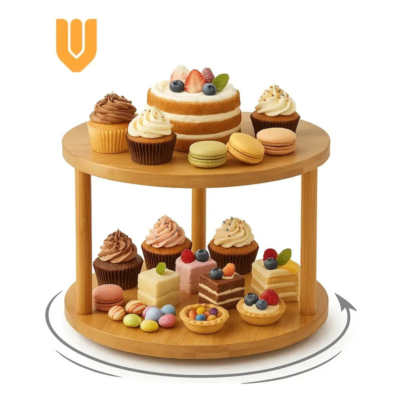 Base Cupcakes Bambu Rotatorio Exhibidor Postres Cocina Hogar Madera Bambu Claro Estilo Rustico Elegante Moderno Decorativo Mesa Postres Eventos Visual Premium Armonico Hoga