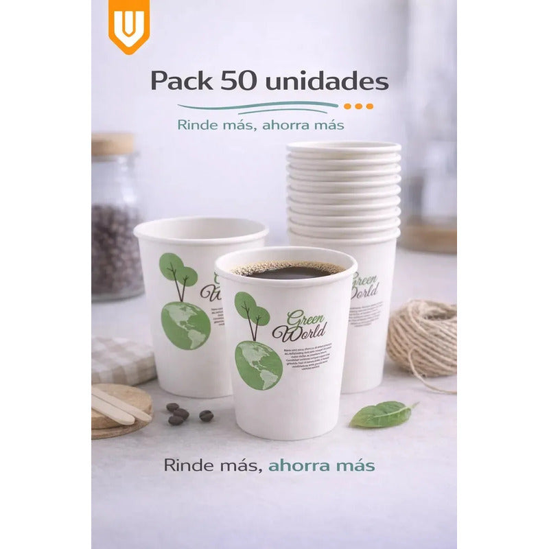 100 Vasos Cafeteria Bebidas Calientes Invierno Te Cafe 235ml Blanco Verde Natural Eco Biodegradable Compostable Sostenible Resistente Calor Antifugas Uso Cafeteria Bebidas Calientes Frias