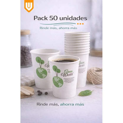 100 Vasos Cafeteria Bebidas Calientes Invierno Te Cafe 235ml Blanco Verde Natural Eco Biodegradable Compostable Sostenible Resistente Calor Antifugas Uso Cafeteria Bebidas Calientes Frias