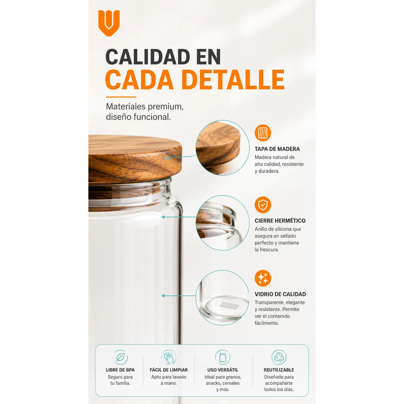 Frasco Vidrio Transparente Hermético Tapa Bambú Cocina Transparente Natural Bambú Cristal Claro Minimalista Cocina Gourmet... Transparente Natural Bambú Cristal Claro Minimalista Cocina Gourmet...