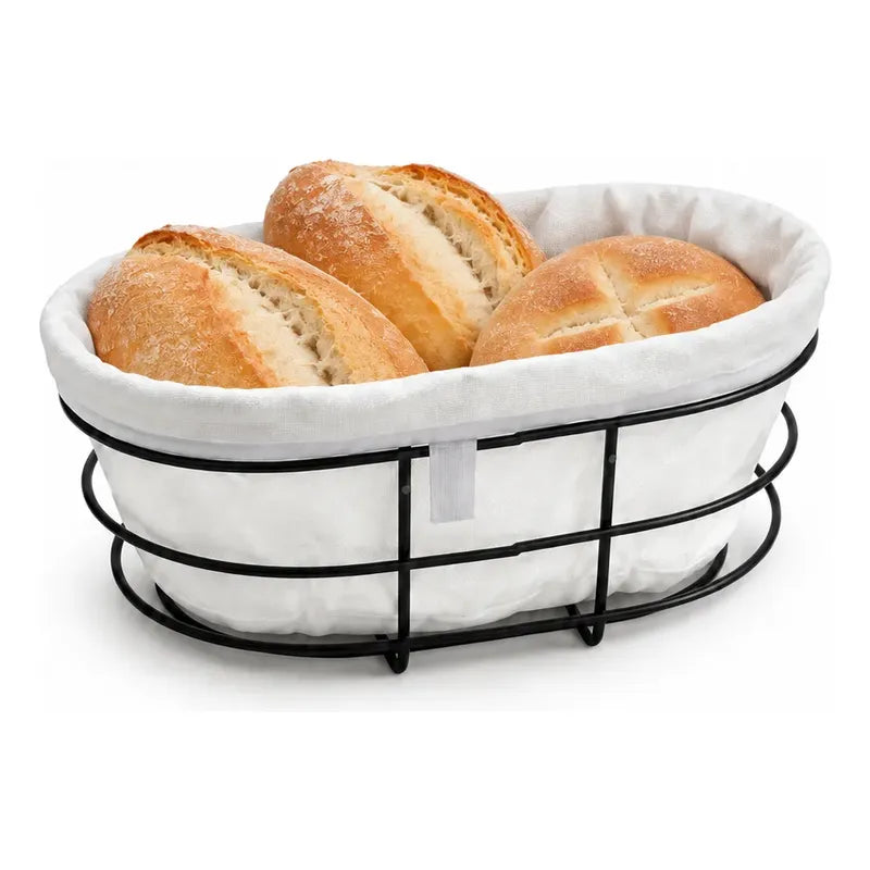 Panera Canasto Tela Ovalada 29cm Base Metal Servir Pan Blanco Panera Ovalada Canasta Pan Tela Metal Negro Borde Plegado Base... 29cm