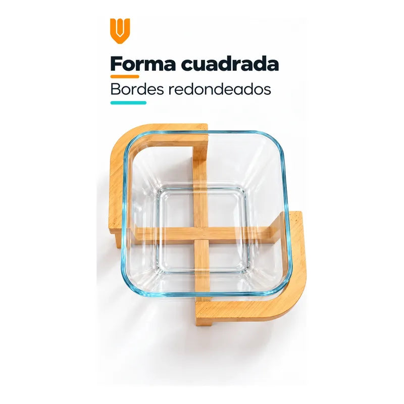 Bowl Vidrio Ensaladera Cuadrada Base Madera Bambu 20cm Transparente Base Bambu Bowl Cuadrado Vidrio Transparente Base Bambú Natural Soporte Cruzado Ensaladera Mesa Cocina 20cm