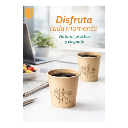 Vasos Cafe Te Agua Desechable Descartable Carton Modelo 9oz 150 Unidades Marrón Kraft Natural Acabado Mate Papel Ecologico Estilo Organico Look Cafeterias Minimalista Elegante