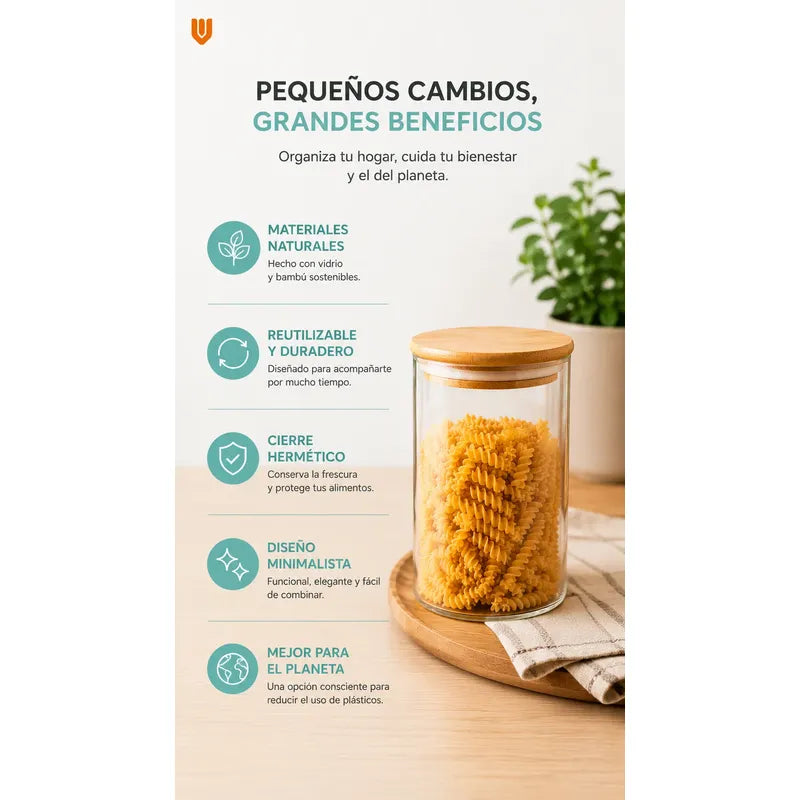 Frasco Vidrio Hermetico Bambu Conservero Hogar Cocina 300 Ml 5 Unidades Transparente Natural Bambú Cristal Claro Minimalista Cocina Gourmet Organizacion Moderna Elegante Premium