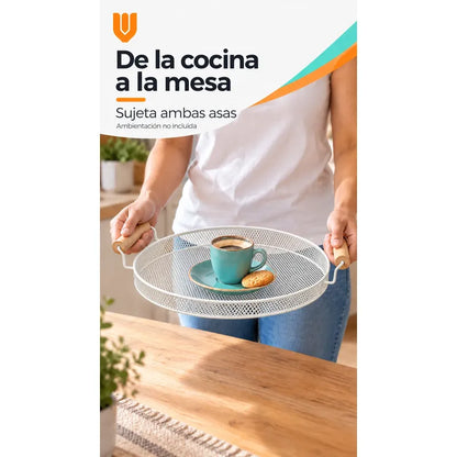 Bandeja Circular Metal Blanco Asas Madera Desayuno 28cm Blanco Bandeja Circular Redonda Malla Metal Asas Madera Base Calada Borde Bajo Servicio Desayuno Once Café Té Cocina 28cm