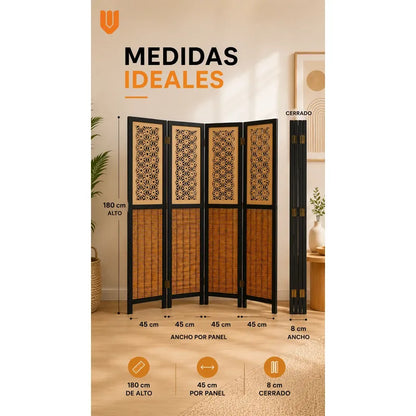 Biombo Separador 4 Puertas Oficina Divisor Ambientes 180 Cm Biombo Decorativo Separador Ambientes Moderno Plegable 4 Paneles Bambú Natural Living Dormitorio Oficina Marrón Negro Beige Bambú...
