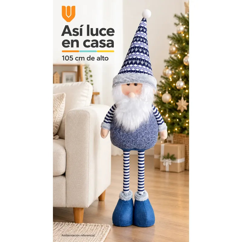 Muñeco Pascuero Navideño 105cm Retraible Decorativo Figura Blanco Pascuero Azul Muñeco Navideño Retráctil Patas Rayadas Altura Ajustable Gorro Nórdico Barba Blanca Decoración 105cm Pascuero Retraible
