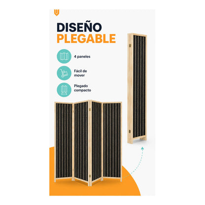 Biombo Separador Ambiente Madera Ratan 4 Paneles 180cm Biombo Ratán Negro Beige 4 Paneles Biombo Ratan Plegable 4 Paneles 180... 180cm