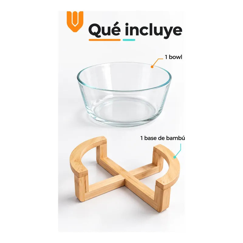 Bowl Vidrio Ensaladera Redonda Base Madera Bambu 18cm Transparente Base Bambu Bowl Redondo Vidrio Transparente Base Bambú Natural Soporte Cruzado Ensaladera Mesa Cocina 18cm