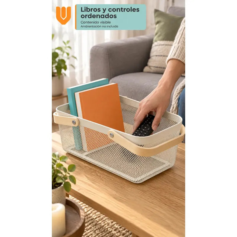 Canasta Organizadora Metal Blanco Asas Madera 40x24x19 Cm Blanco Canasta Organizadora Canasto Cesta Metal Asas Madera Malla Romboidal Orden Textiles Frutas Cocina Baño Clóset