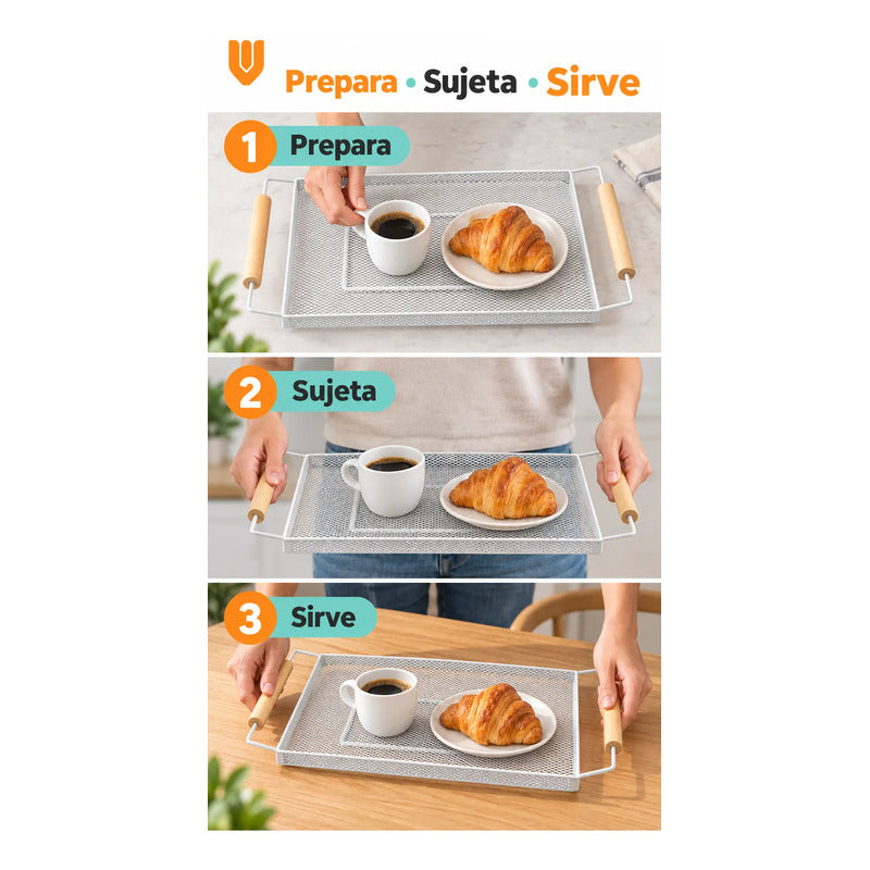 Bandeja Rectangular Metal Blanca Asas Madera Desayuno 44cm Blanco Bandeja Rectangular Malla Metal Asas Madera Base Calada Borde Elevado Servicio Desayuno Once Café Cocina Comedor 44cm-color Blanco
