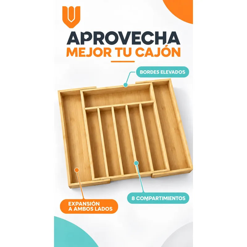Organizador Cubiertos Cajón Bambú Expandible 8 Compartimento Organizador Cubiertos Bambú Expandible Cajón Cocina Cubertero Bandeja Ajustable Portacubiertos Utensilios Orden Hogar