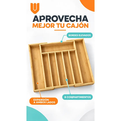Organizador Cubiertos Cajón Bambú Expandible 8 Compartimento Organizador Cubiertos Bambú Expandible Cajón Cocina Cubertero Bandeja Ajustable Portacubiertos Utensilios Orden Hogar
