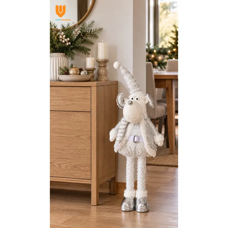 Muñeco Navideño Reno 70cm Retraible Decorativo Figura Blanco Muñeco Adorno Navideño Muñeco Papá Noel Viejito Pascuero Santa Claus Gorro Barba Blanca Figura Verdes Cascabel 70cm Retraible