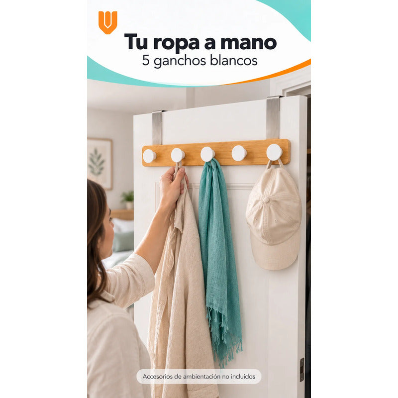 Perchero Ropa Madera 40cm Blanco 5 Ganchos Vitrineon Cl Blanco Perchero Puerta Bambú Blanco Cinco Ganchos Colgador Ropa Toallas Bolsos Organizador Horizontal Dormitorio Entrada Hogar 40cm