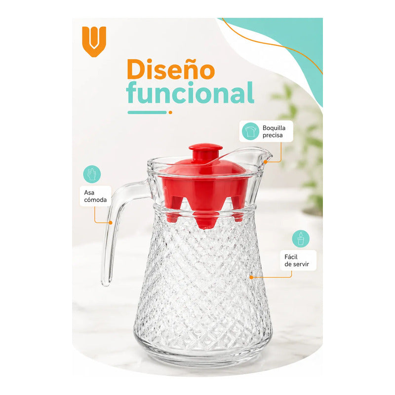 Jarra Vidrio Jugo Agua Decorativa Bebidas Cocteles Frio 1l Transparente Tapa Roja Jarra Vidrio 1 Litro Agua Jugos Bebidas Té... 1 Litro Jarra Refrigerador