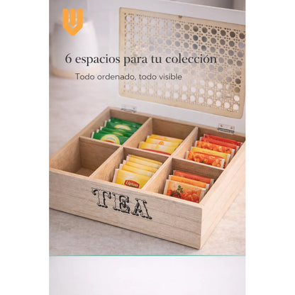 Caja Te Madera 6 Compartimentos Tapa Tejida Bambu Cocina Tono Madera Oscura Natural Acabado Elegante Estilo Nordico Moderno Decorativo Vetas Visibles Premium Cocina Hogar Estetica Calida