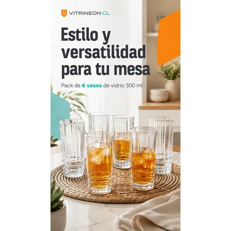 Set Vasos Vidrio Jugo Bebida Transparente Cristal 300 Ml Transparente Cristalino Vidrio Incoloro Brillante Elegante Neutro Cocina Comedor Jugos Bebidas Cocteles Pack 6 Vasos 300 Ml
