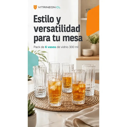 Set Vasos Vidrio Jugo Bebida Transparente Cristal 300 Ml Transparente Cristalino Vidrio Incoloro Brillante Elegante Neutro Cocina Comedor Jugos Bebidas Cocteles Pack 6 Vasos 300 Ml