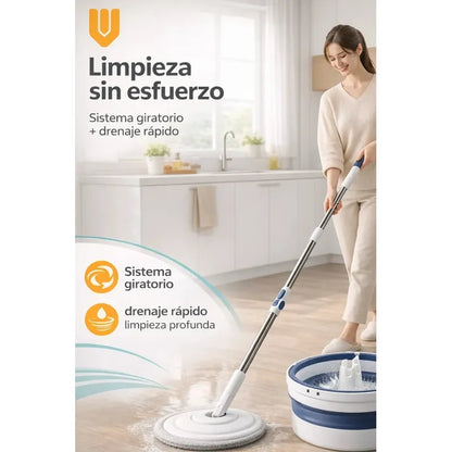 Mopa Vitrineon 360 Balde Plegable Microfibra Limpieza Hogar Blanco Azul Moderno Limpio Minimalista Elegante Hogar Cocina Baño Diseño Nordico Profesional Alta Calidad Resistente Dur