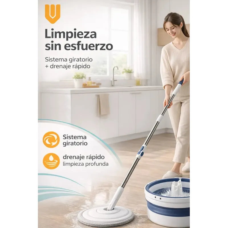Mopa Vitrineon 360 Balde Plegable Microfibra Limpieza Hogar Blanco Azul Moderno Limpio Minimalista Elegante Hogar Cocina Baño Diseño Nordico Profesional Alta Calidad Resistente Dur