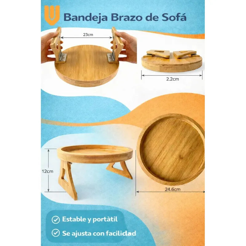 Bandeja Sofa Bambú Porta Vasos Reposabrazos Antideslizante Bandeja Sofa Bambú Porta Vasos Reposabrazos Antideslizante Circular Soporte Bebidas Snacks Organizador Living Hogar Mesa
