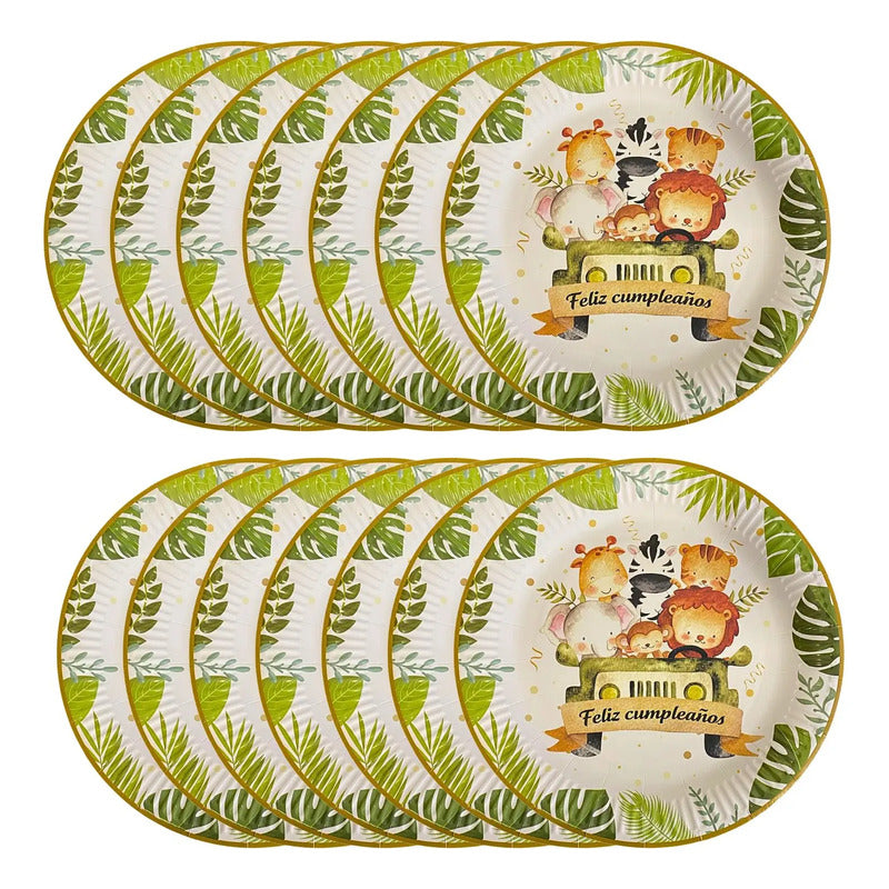 10 Plato De Carton Safari Cumpleaños Safari Animales 23 Cm Multicolor Jungla Safari