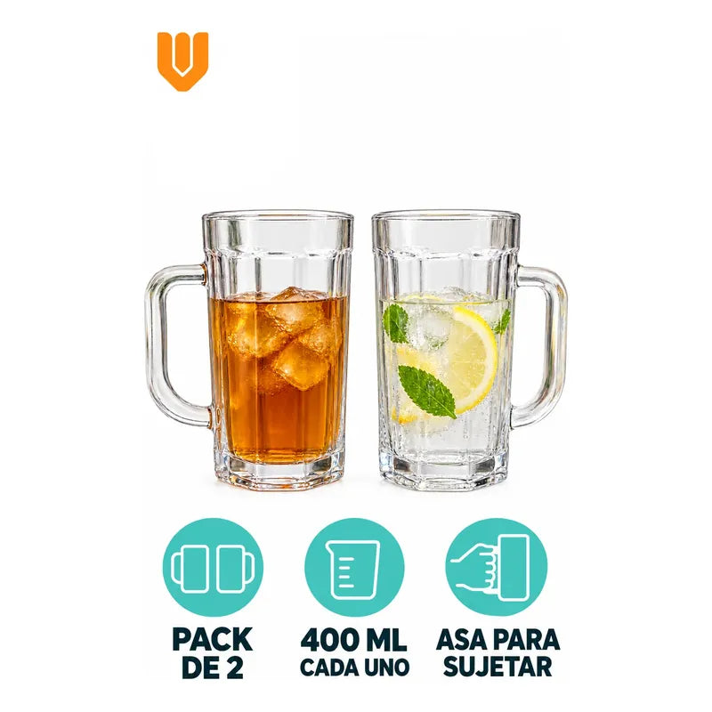 Pack 2 Vasos Vidrio Cerveza Asa 400ml Transparente Shoperos Vasos Vidrio Con Asa 400ml Pack 2 Jarros Cerveceros Transparentes Cerveza Jugo Agua Té Café Frío Relieve Mesa Cocina 400ml