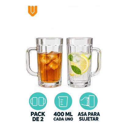 Pack 2 Vasos Vidrio Cerveza Asa 400ml Transparente Shoperos Vasos Vidrio Con Asa 400ml Pack 2 Jarros Cerveceros Transparentes Cerveza Jugo Agua Té Café Frío Relieve Mesa Cocina 400ml