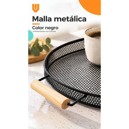 Bandeja Circular Metal Negro Asas Madera Desayuno 28cm Negro Bandeja Circular Redonda Malla Metal Asas Madera Base Calada Borde Bajo Servicio Desayuno Once Café Té Cocina 28cm