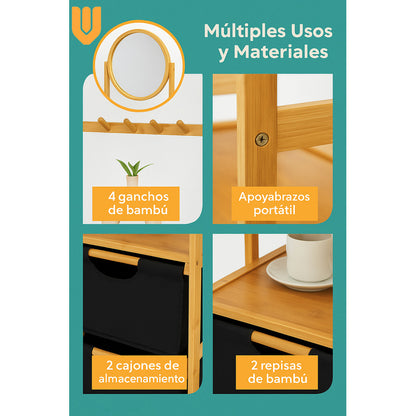 Organizador Bambú Ropa Espejo Doble Canasto Multifuncional