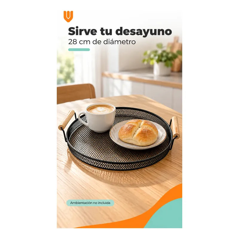 Bandeja Circular Metal Negro Asas Madera Desayuno 28cm Negro Bandeja Circular Redonda Malla Metal Asas Madera Base Calada Borde Bajo Servicio Desayuno Once Café Té Cocina 28cm