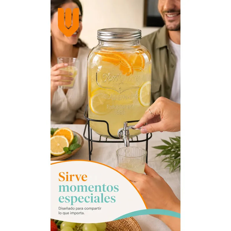 Dispensador Bebida Canilla Mesa Buffet Bar Jugo Fiesta 5lts Transparente Vidrio Cristal Claro Base Acero Cromado Grifo Metálico Negro Plateado Bebidas Jugos Eventos Buffet Mesa Bar