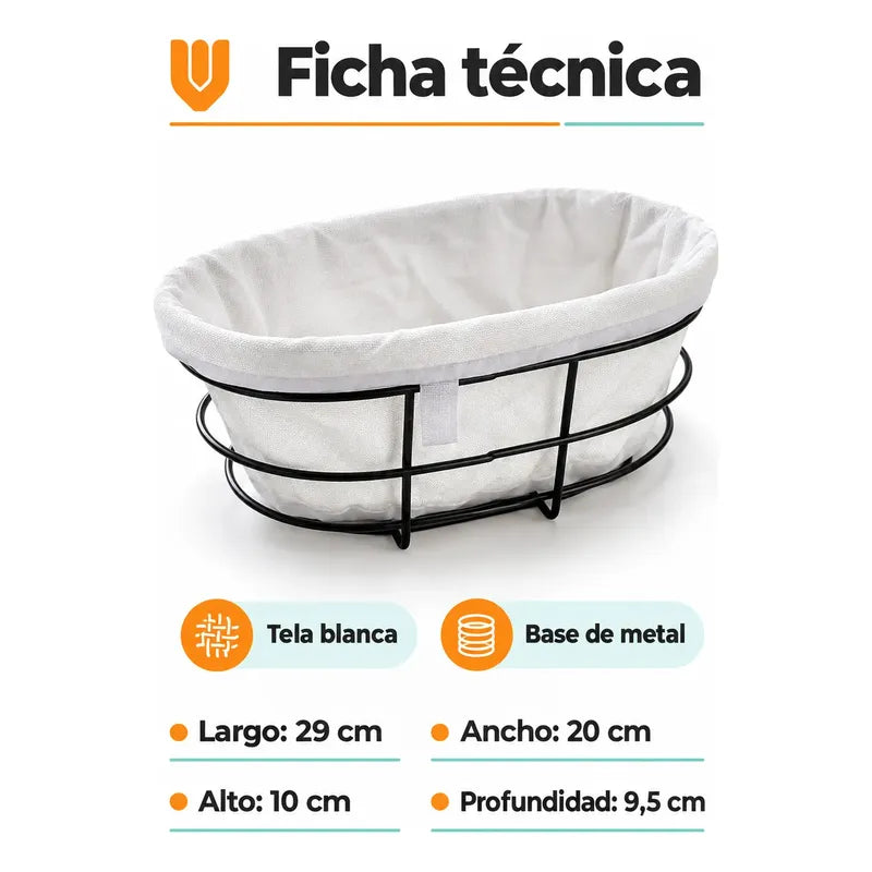 Panera Canasto Tela Ovalada 29cm Base Metal Servir Pan Blanco Panera Ovalada Canasta Pan Tela Metal Negro Borde Plegado Base... 29cm