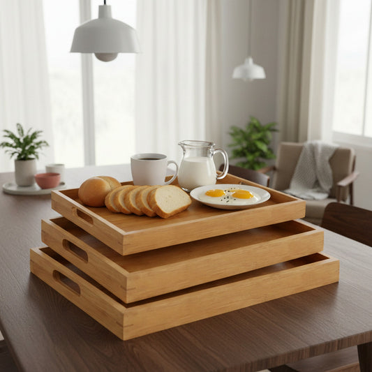 Set 3 Bandejas Bambú Natural Mesa Comida Desayuno Hogar Serv