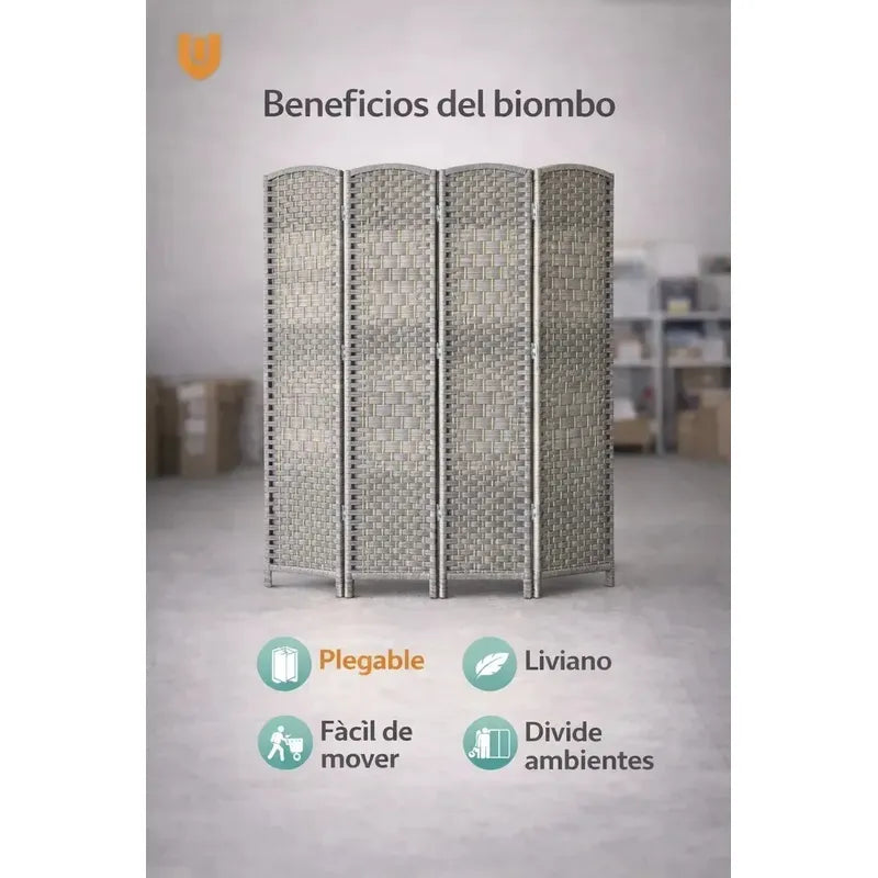 Biombo Separador Oficina Ambientes Divisor 4 Puertas 180 Cm Panel Decorativo Ceniza Moderno